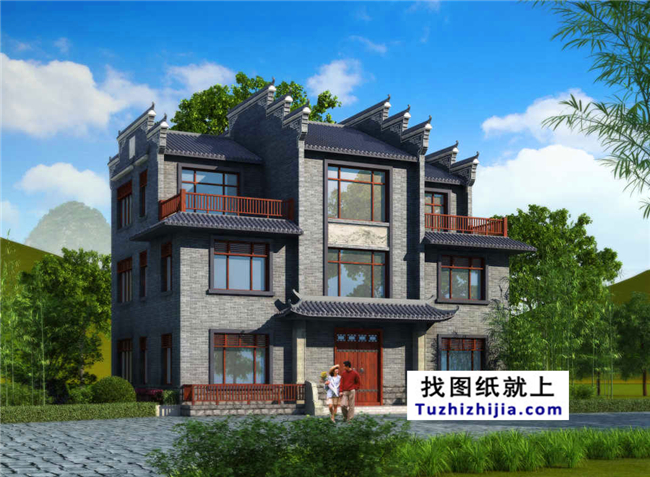 中式徽派风格新农村自建三层别墅房屋设计施工图纸及效果图