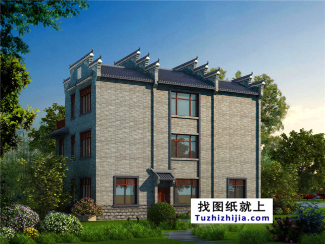 中式徽派风格新农村自建三层别墅房屋设计施工图纸及效果图