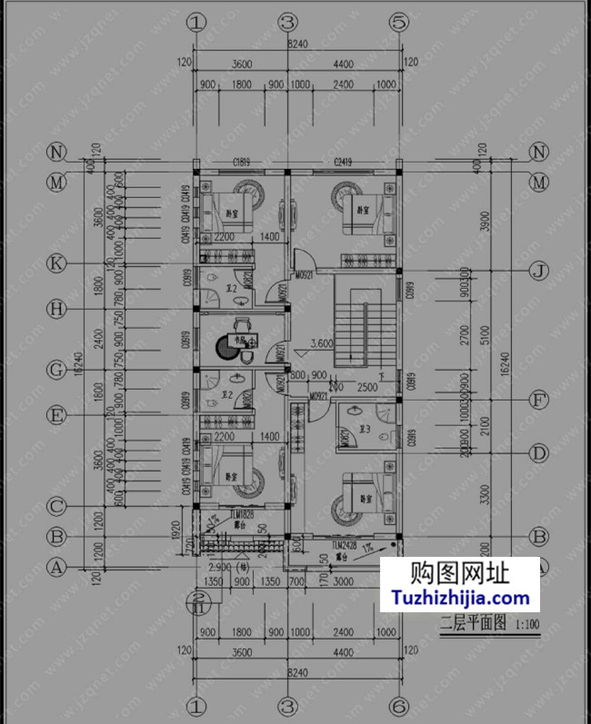 110平方米新农村二层房屋建筑施工图纸,8x16米_二层别墅设计图_图纸之