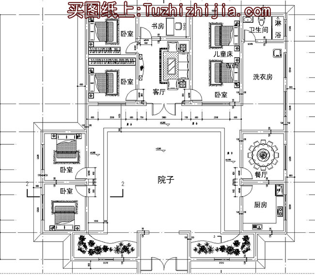 一层中式四合院别墅设计方案图，含外观效果图