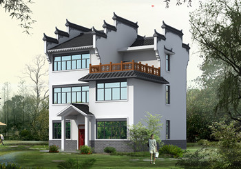 130平米徽式古典风格的三层自建房屋别墅设计图纸，户型合极佳，适合居住