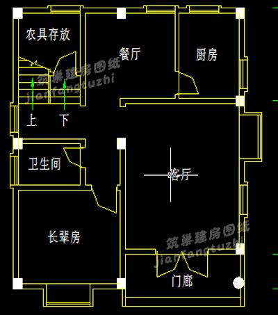 效果图: 一 层:长辈房(附卫生间),客厅,餐厅,厨房,农具存放室.