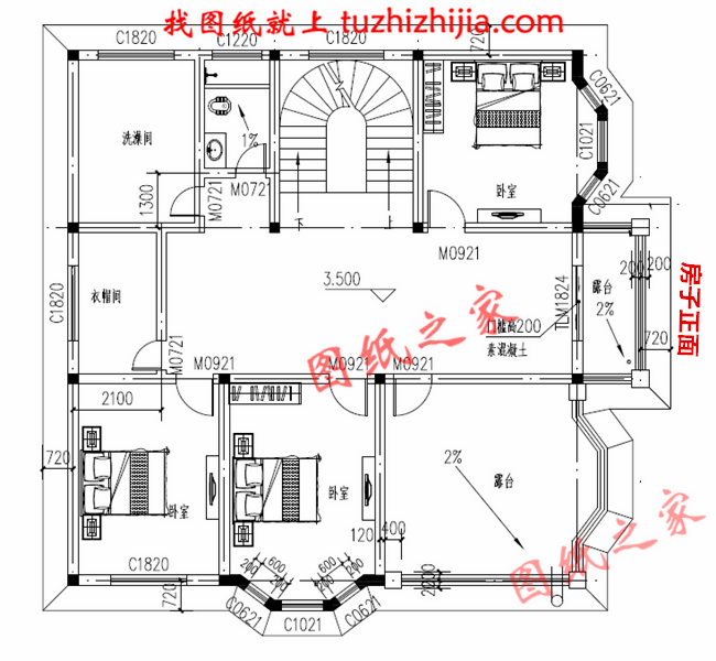 卫生间; 二层户型:卧室x3,衣帽间,卫生间,洗澡间,露台×2; 图纸介绍