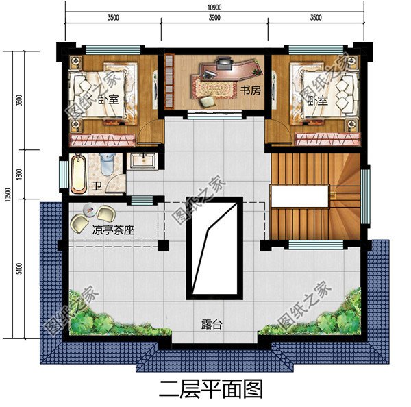 小型四合院二层别墅设计图方案，对称设计，顶层大露台