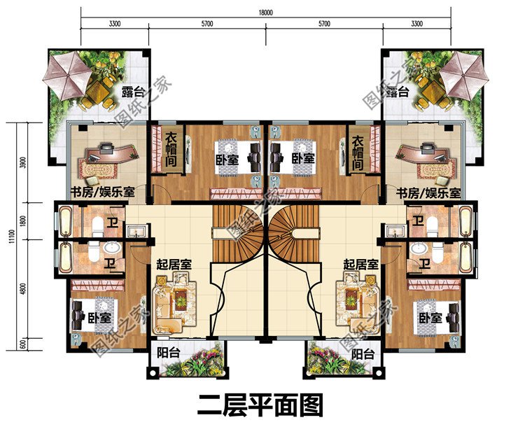新款农村三层双拼联体别墅户型图，客厅中空，单户120平米左右