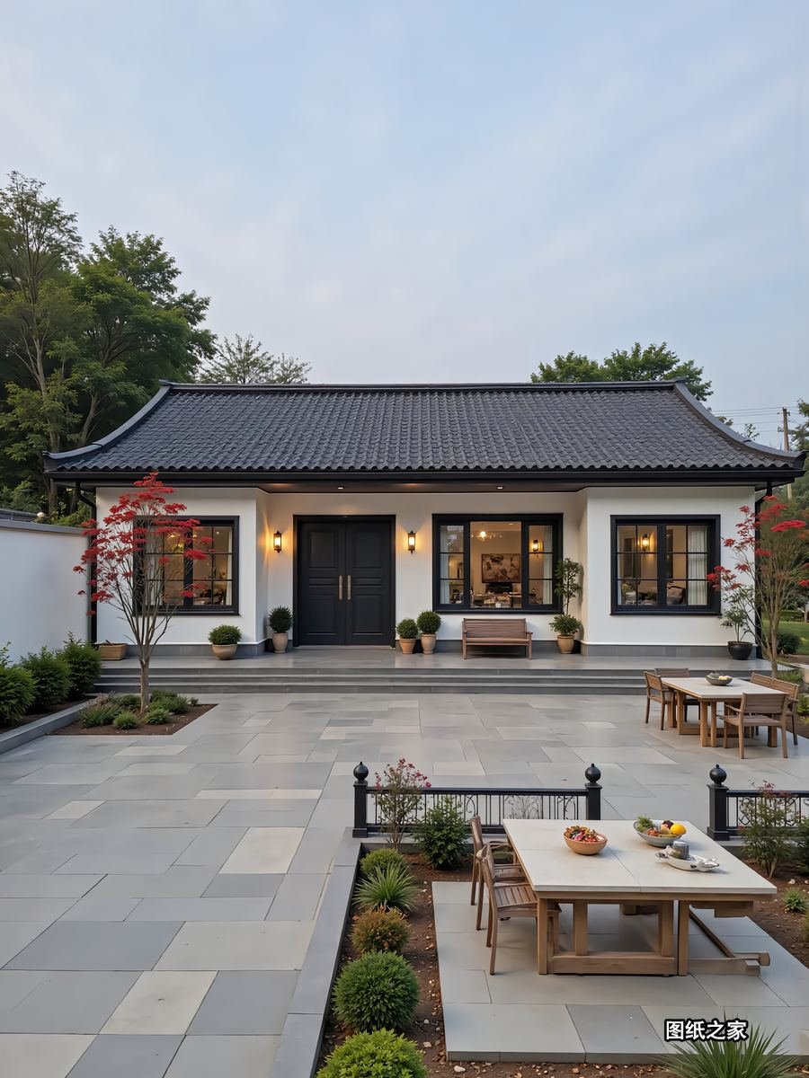 中式一层自建房，四开间设计 - 别墅设计效果图