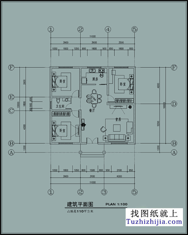 110平方米新農村一層別墅設計圖紙,11x10米8萬