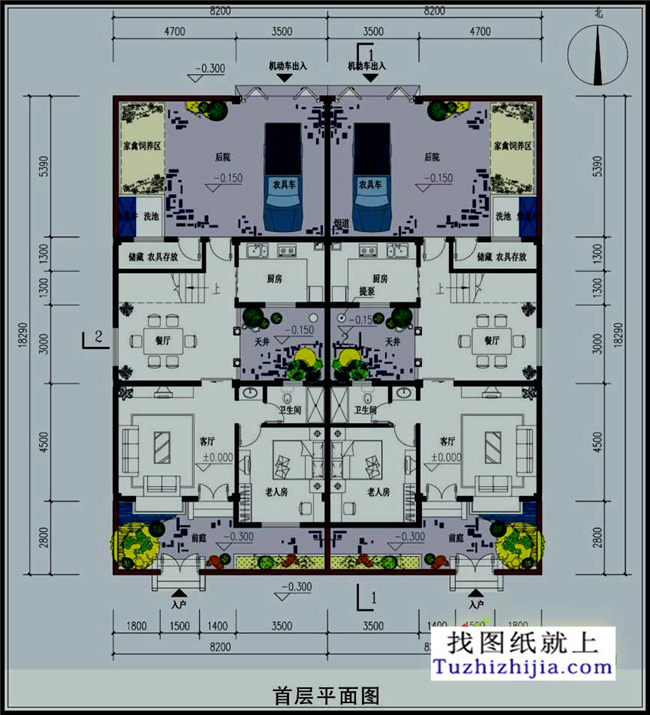 實用的二層雙拼全套房屋施工設計圖16x18米_雙拼別墅設計圖_圖紙之家