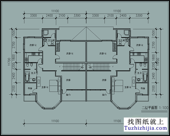 双拼别墅设计图建筑:一层别墅设计平面图,二层平面图,屋面层平面图,正