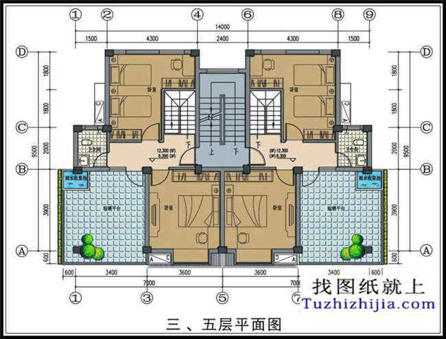 120平方米新农村自建五层双拼别墅CAD设计图纸,14X10米