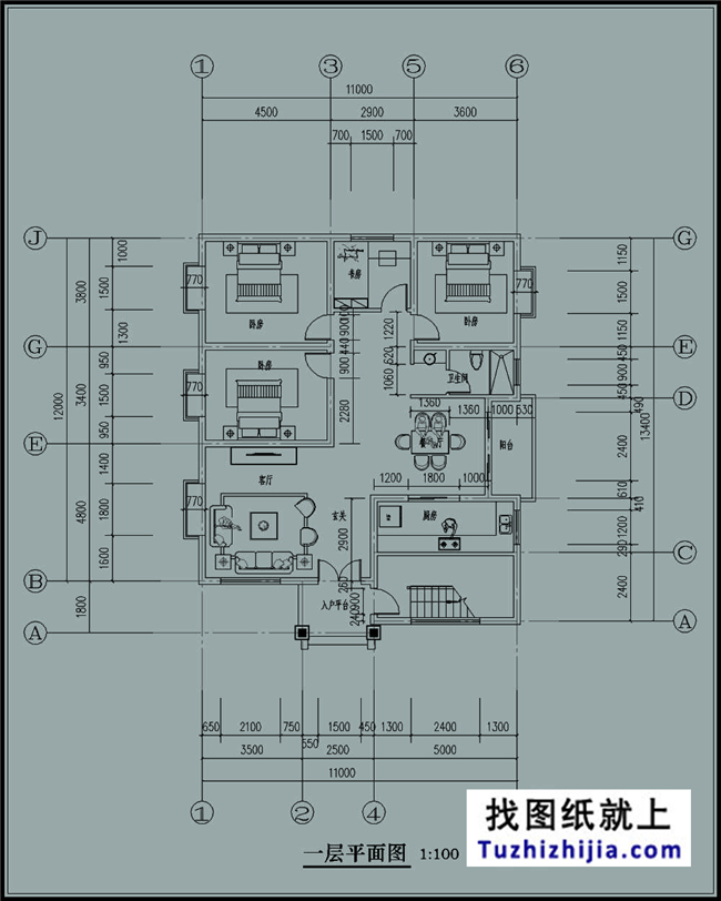 145平方米平屋顶农村三层自建别墅设计图纸带效果图,11x13米