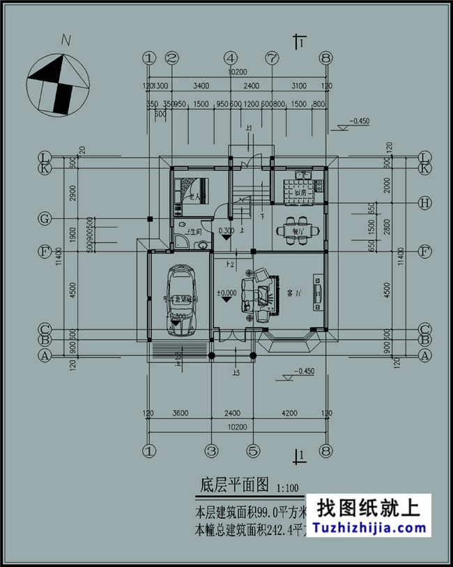 100平米小户型别墅房屋设计施工建筑CAD图纸及效果图