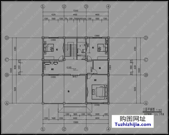 175平方米農村三層房屋建築施工設計圖,13x13米