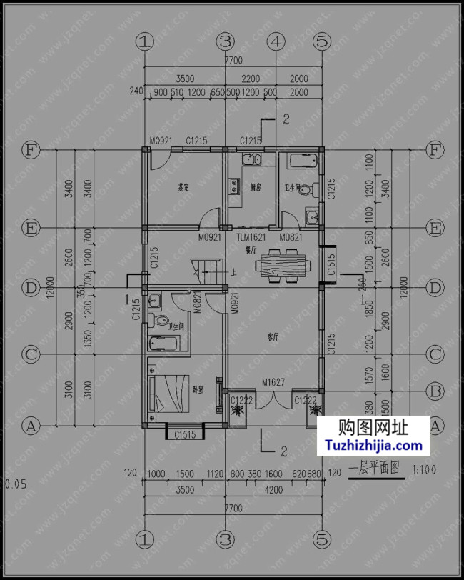 90平方米新農村自建三層房屋施工設計cad圖紙,7.7x12米