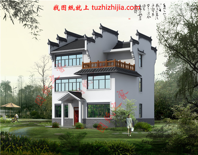 130平米徽式古典风格的三层自建房屋别墅设计图纸，户型合极佳，适合居住