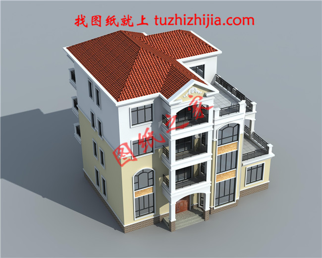 四层豪简欧风格的自建房屋造型，客厅中空，旋转楼梯，二三四层都带有露台