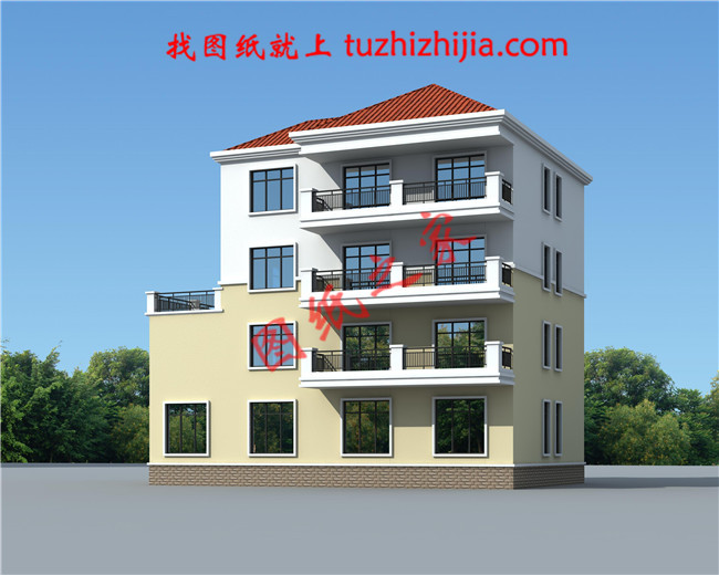 四层豪简欧风格的自建房屋造型，客厅中空，旋转楼梯，二三四层都带有露台