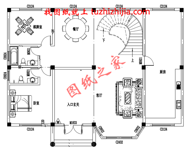 四层豪简欧风格的自建房屋造型，客厅中空，旋转楼梯，二三四层都带有露台