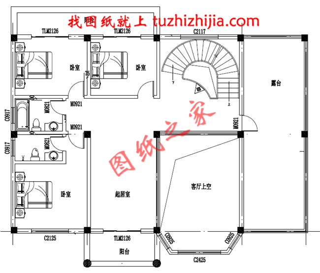 四层豪简欧风格的自建房屋造型，客厅中空，旋转楼梯，二三四层都带有露台