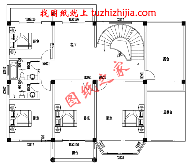 四层豪简欧风格的自建房屋造型，客厅中空，旋转楼梯，二三四层都带有露台