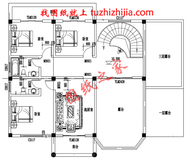 四层豪简欧风格的自建房屋造型，客厅中空，旋转楼梯，二三四层都带有露台