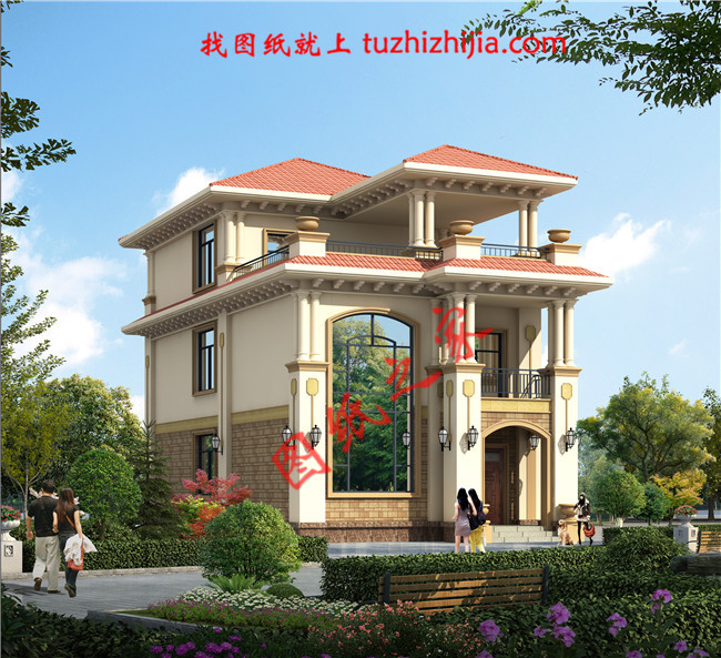 欧式农村三层小别墅设计图，占地120平米，客厅中空，空间利用率高