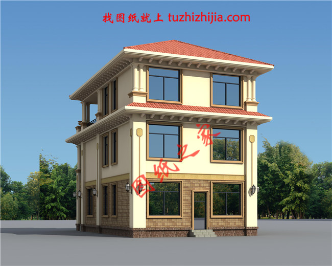 欧式农村三层小别墅设计图，占地120平米，客厅中空，空间利用率高