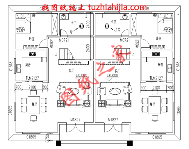 兄弟双拼三层小别墅图纸，占地210平米，单户105平米，客厅中空