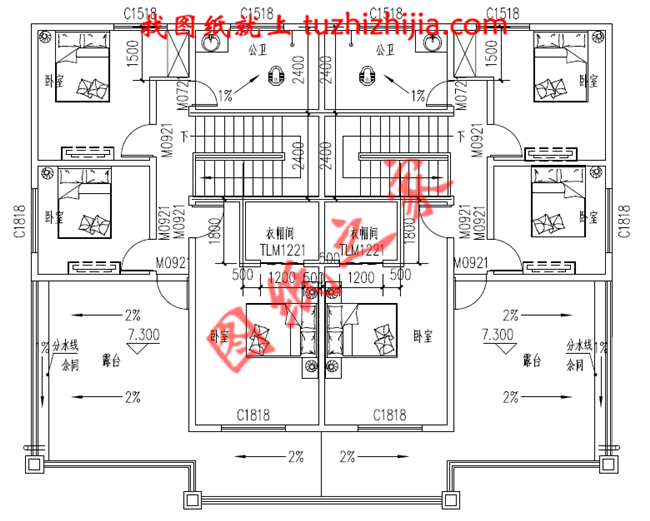 兄弟双拼三层小别墅图纸，占地210平米，单户105平米，客厅中空