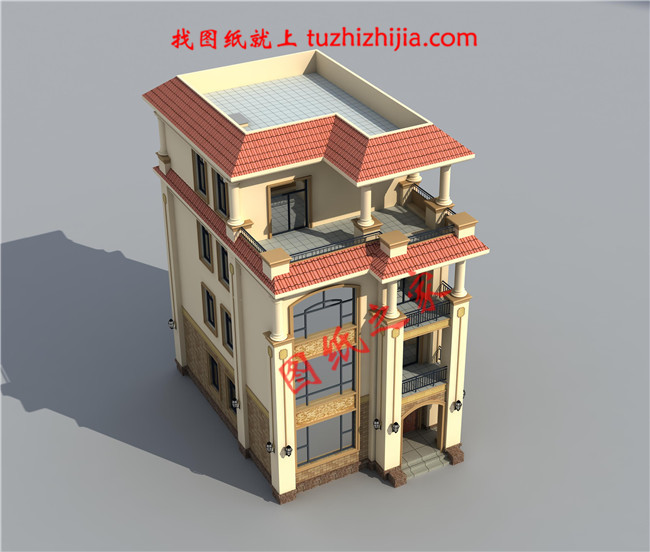 8.5×12米四层欧式房屋设计图纸，占地100平，落地窗中嵌入了雕花