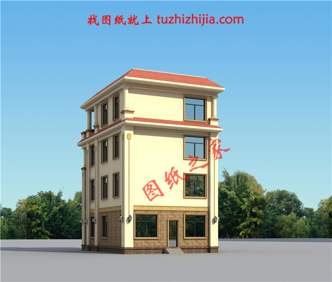 8.5×12米四层欧式房屋设计图纸，占地100平，落地窗中嵌入了雕花