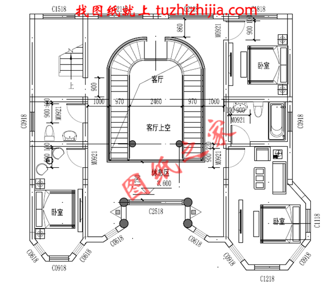 最新二层小别墅图纸，别墅设计图纸，占地160平米，客厅中空