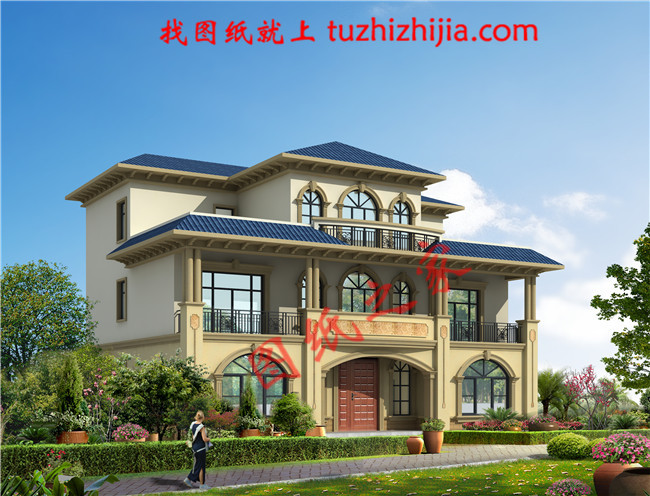 三层新农村别墅设计图片及全套图纸，外形对称，带露台，这个户型宅基地大小适中