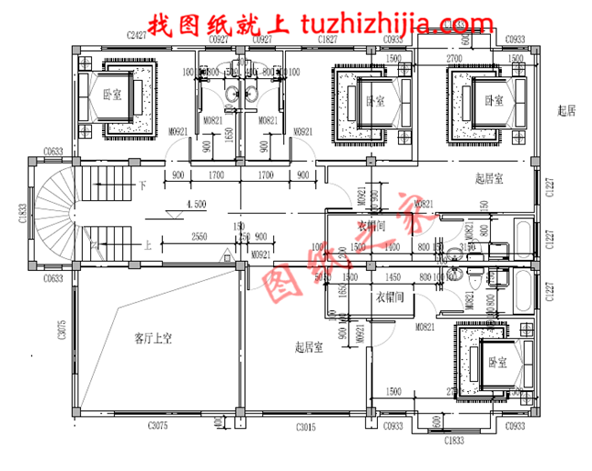 高端三层别墅设计图纸,客厅中空,带地下室,设置多个套间