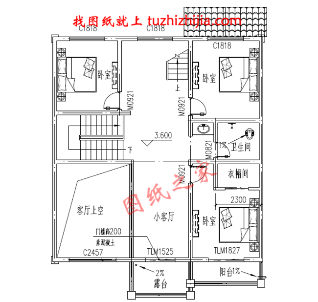 三层新农村小别墅设计图纸，占地120平米，客厅中空，带大露台