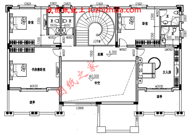 豪华二层别墅设计图纸及别墅图片,旋转楼梯,内设佛堂,大大落地窗