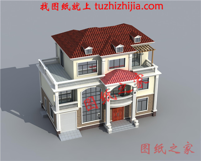 农村4间3层楼房设计图，带车库，挑空客厅，坡屋顶