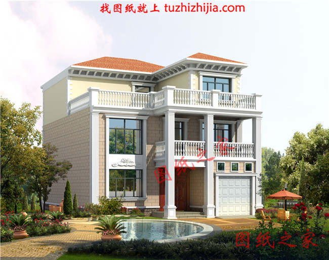 新农村三层楼房设计图,占地90平米,带车库,带大露台