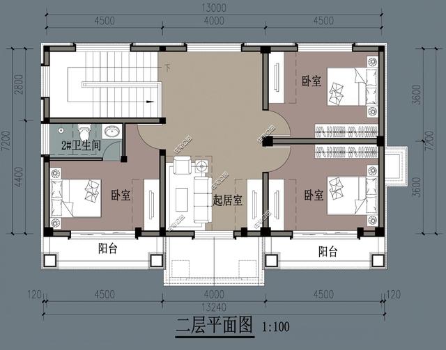 7×13米外置厨房,4室2厅农村别墅二层房屋方案图