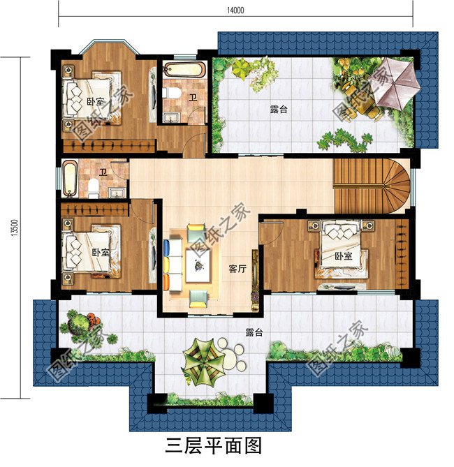 新式带挑空客厅三层乡村别墅设计图，占地170平左右