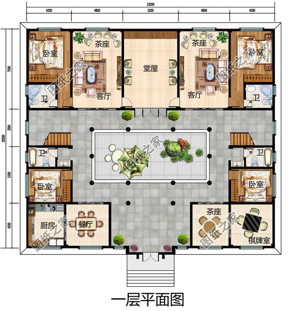 乡村典型自建房中式二层四合院别墅设计图，左右对称设计