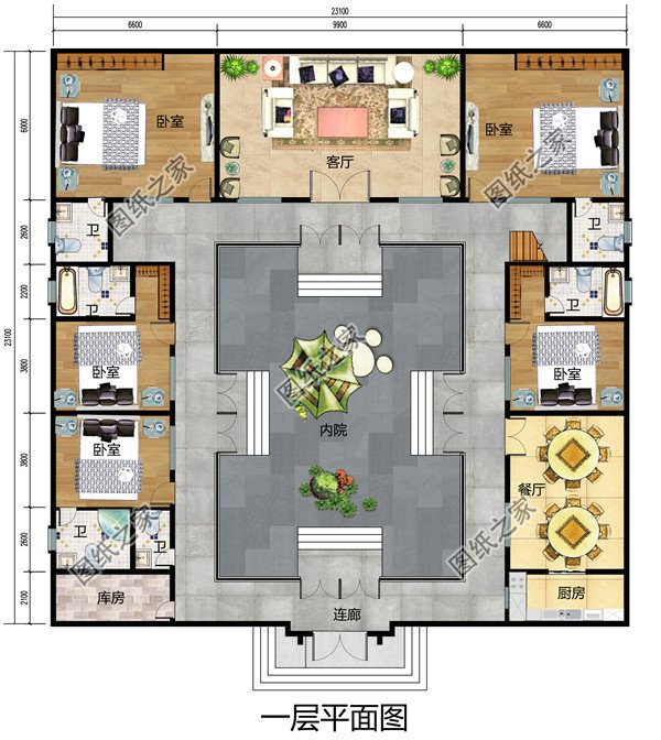 带庭院中式二层四合院别墅设计效果图片，方方正正