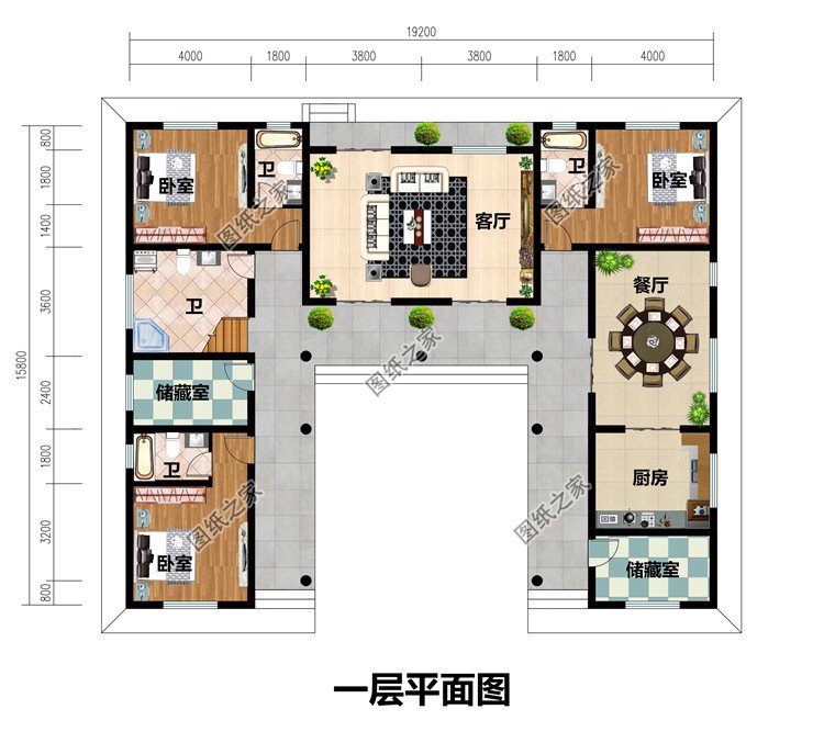 农村二层中式三合院别墅设计图，带庭院自建房户型图
