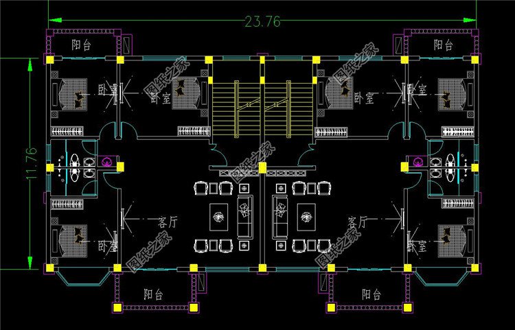 四层欧式双拼大别墅二层平面图