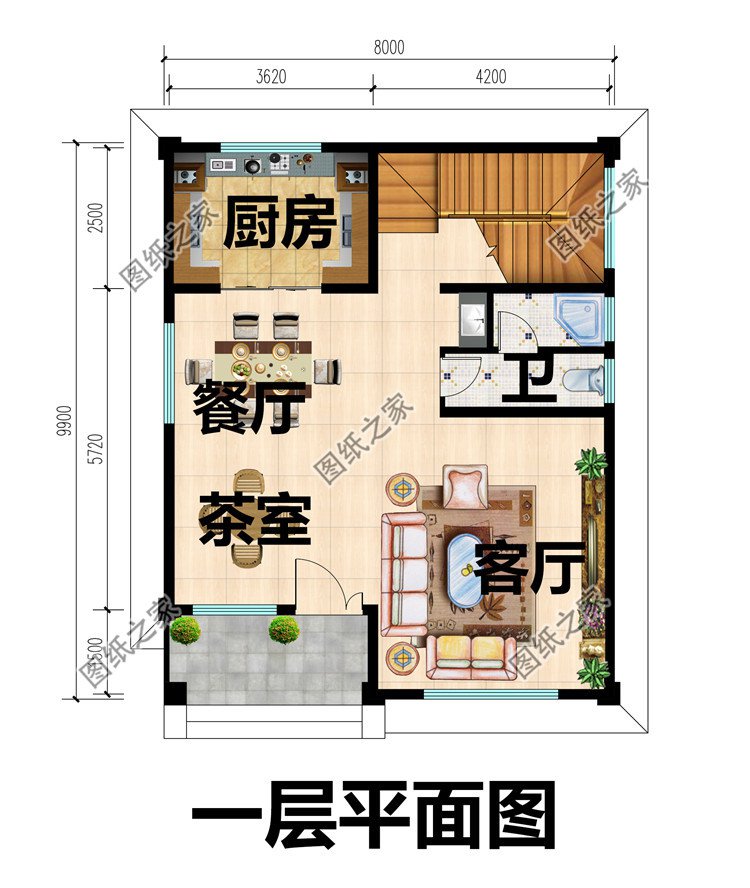 面宽8米，农村二间二层小别墅设计方案一层