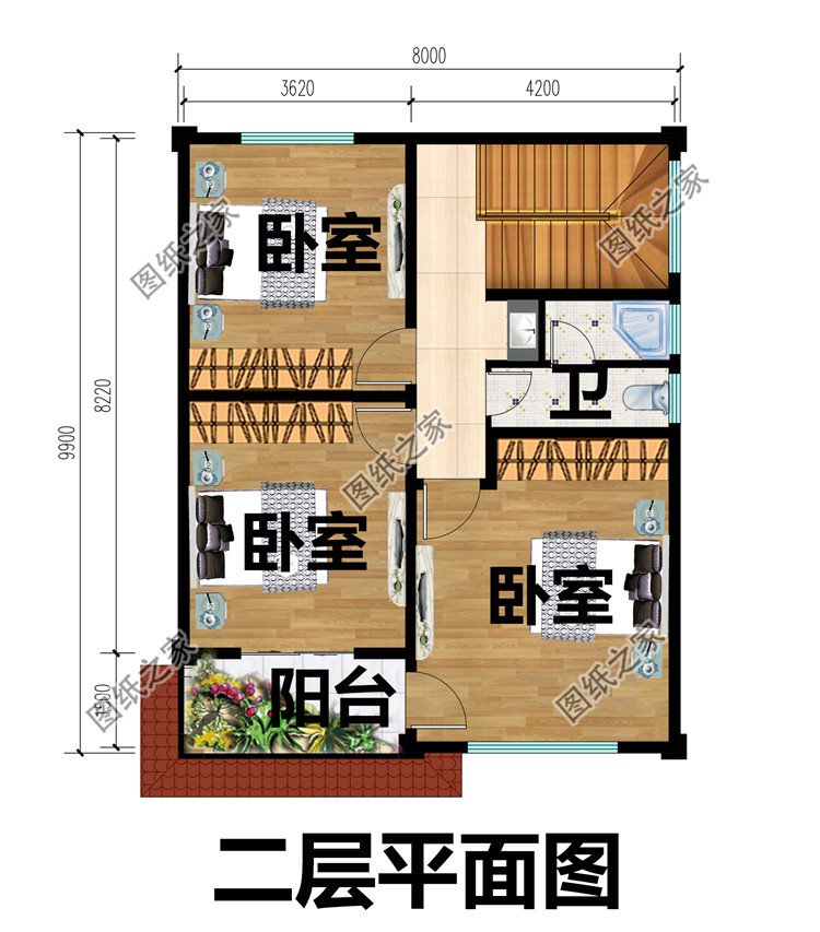 面宽8米，农村二间二层小别墅设计方案二层