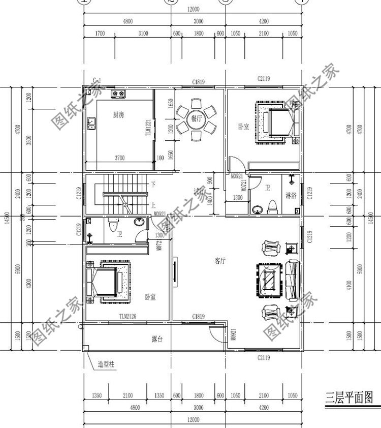 12x14.5米五层自建房三层