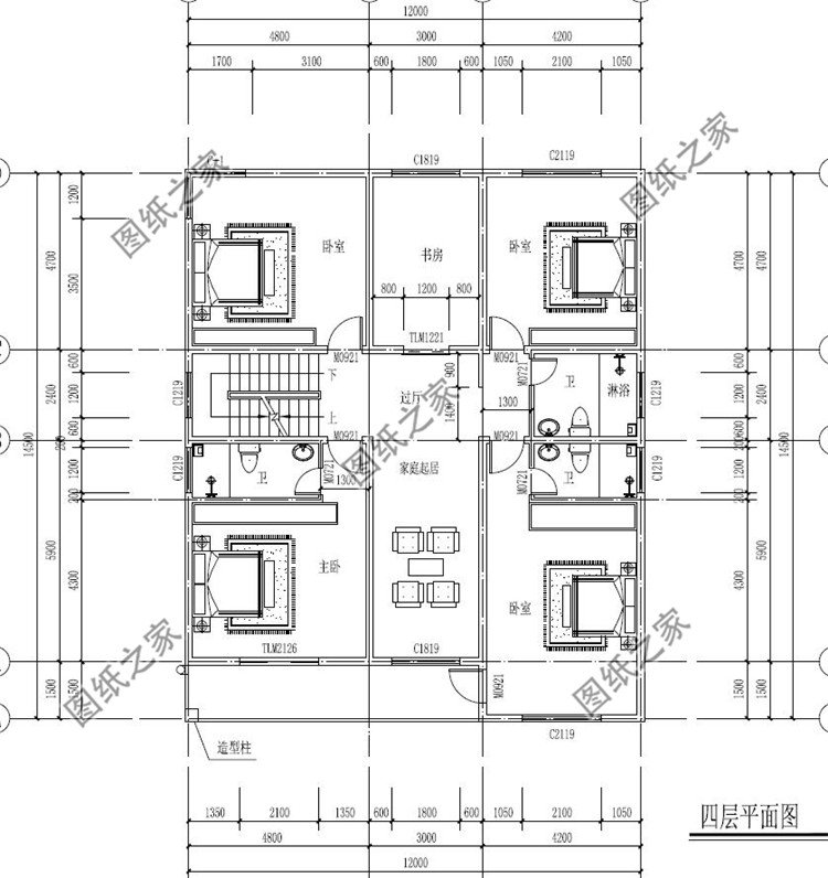 12x14.5米五层自建房四层