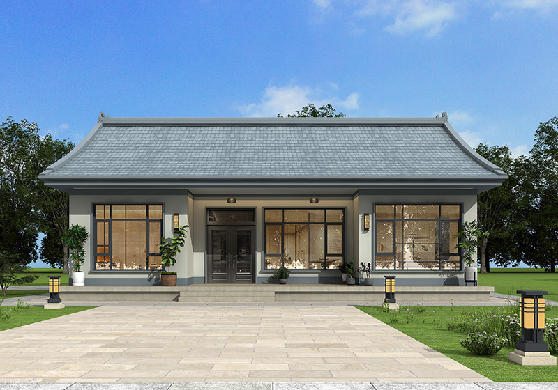 面宽14米进深11米坡屋顶一层农村别墅设计图，造型新颖